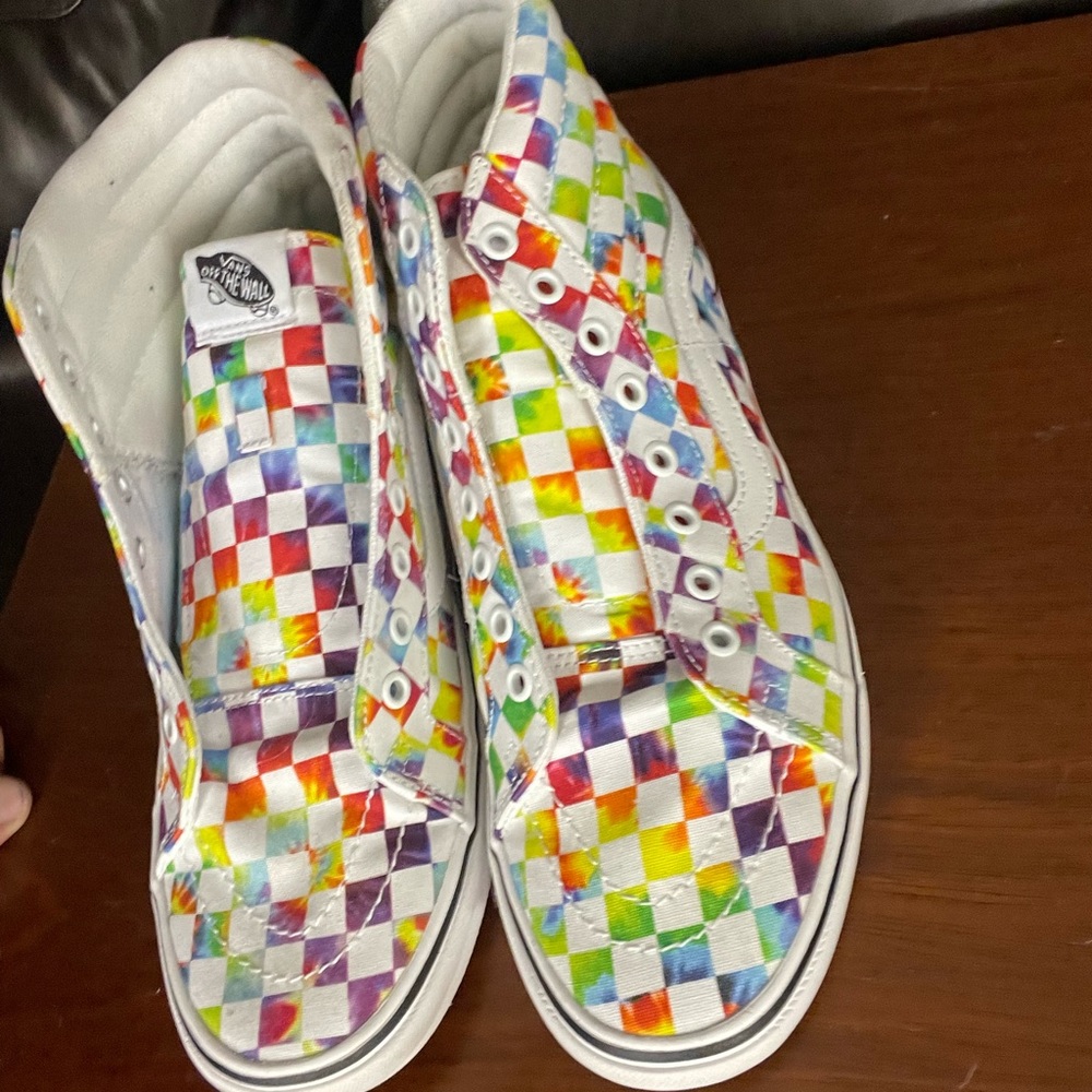 Rainbow theme checkered high top vans